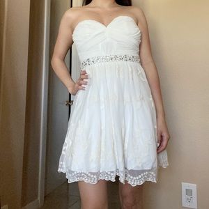 White strapless cocktail mini dress w/ sweetheart neckline & jewel detailing
